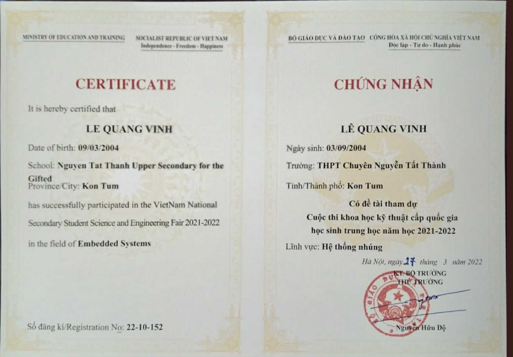 Chứng nhận giải thưởng CouNa 2022